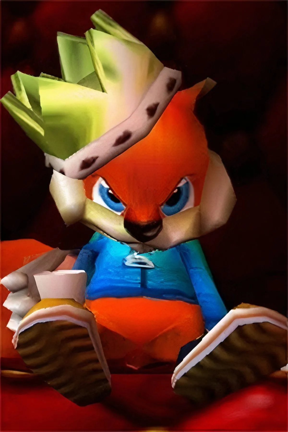 Conker, chú sóc đỏ ngỗ nghịch trong Conker's Bad Fur Day, cầm súng và biểu cảm tức giận, trên một bìa game