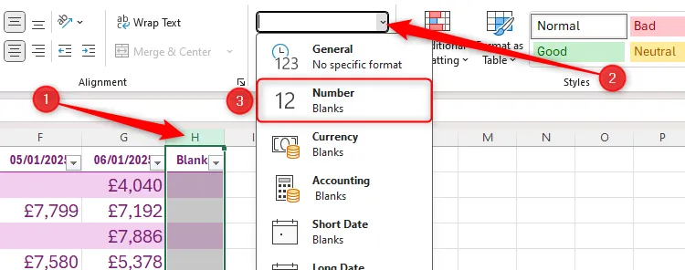 Cột H được chọn trong Excel, và tùy chọn Number được chọn trong danh sách thả xuống định dạng số trong tab Home.