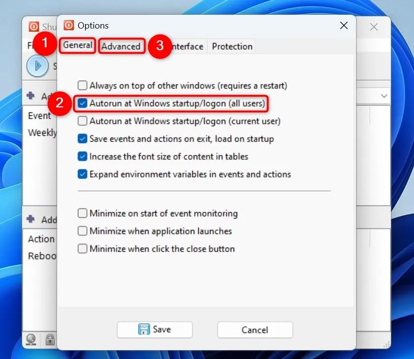 Cửa sổ cài đặt Shutter, bật tùy chọn &quot;Autorun at Windows Startup/Logon&quot; và &quot;Start Event Monitoring When Application Launches&quot; để đảm bảo ứng dụng hoạt động liên tục