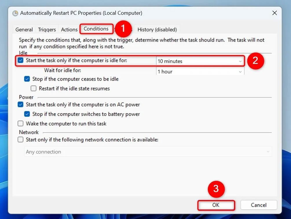 Cửa sổ điều kiện tác vụ trong Task Scheduler, cho phép chọn &quot;Start the Task Only if the Computer Is Idle For&quot; để khởi động lại khi PC nhàn rỗi