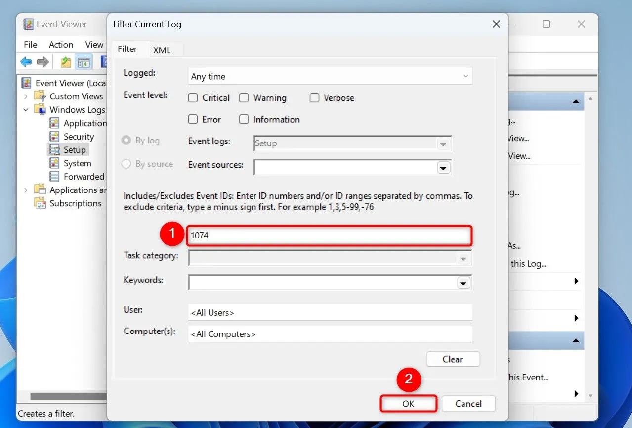 Cửa sổ Filter Current Log trong Event Viewer, nhập ID sự kiện &quot;1074&quot; vào trường &quot;All Event IDs&quot; để xem lịch sử khởi động lại