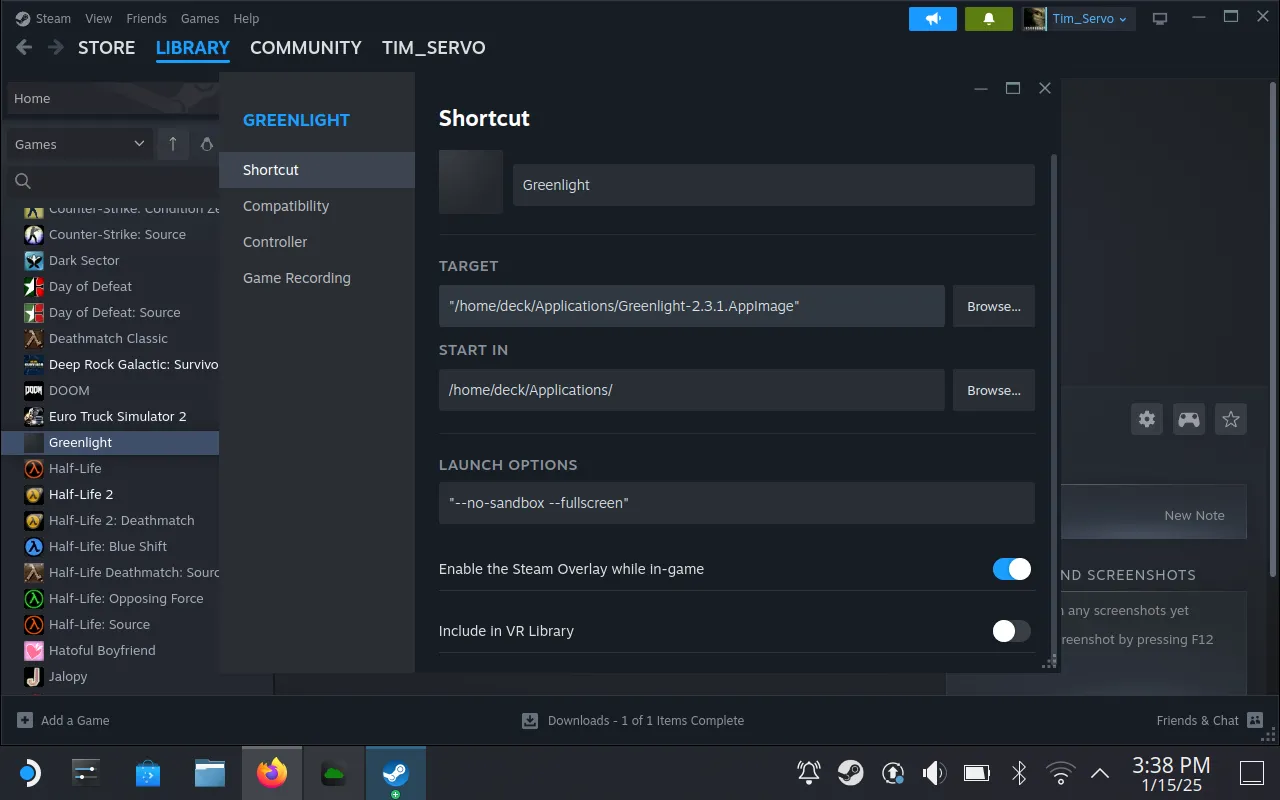 Cửa sổ Properties trong Steam để tùy chỉnh tên và thêm lệnh khởi chạy tự động cho Greenlight