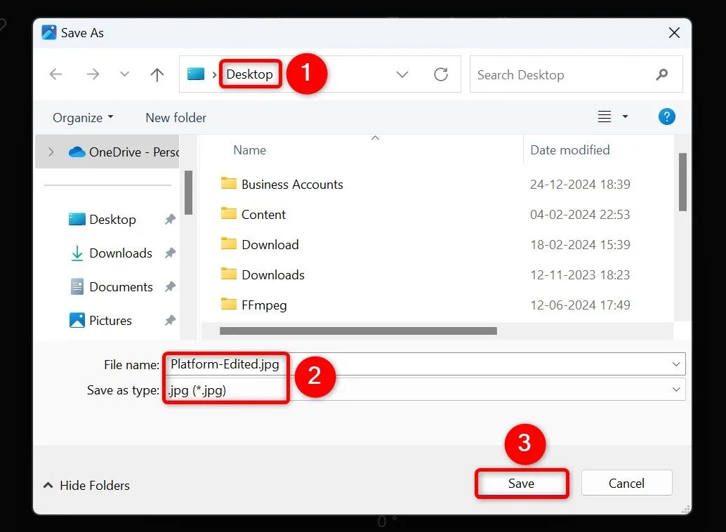 Cửa sổ &quot;Save As&quot; trong ứng dụng Photos, nơi bạn chọn tên và định dạng cho ảnh.