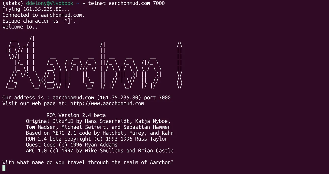 Cửa sổ terminal hiển thị kết nối Telnet tới một trò chơi nhập vai văn bản nhiều người chơi (MUD) có tên Aarchon