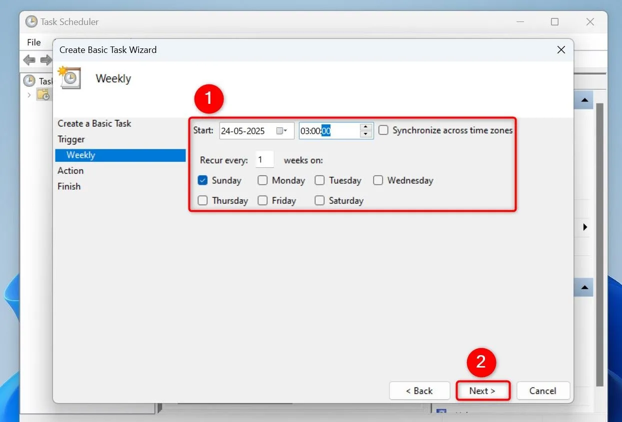 Cửa sổ thiết lập ngày và giờ bắt đầu cho tác vụ tự động khởi động lại PC Windows 11