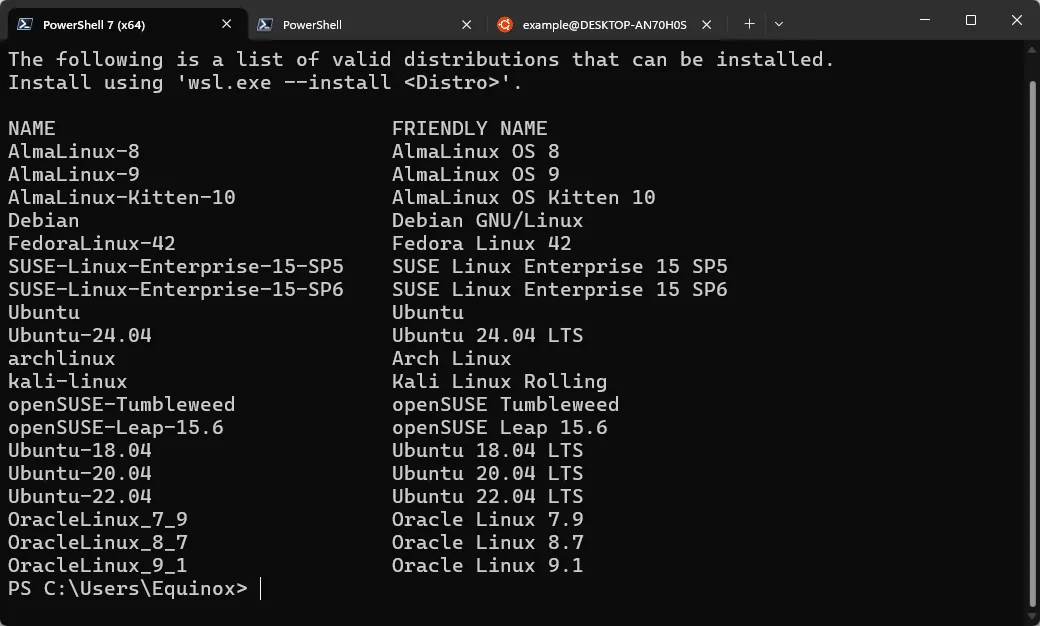 Danh sách các bản phân phối Linux (distros) có sẵn để cài đặt trực tiếp thông qua WSL2