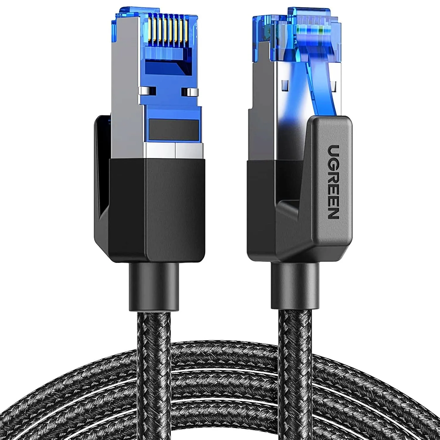 Dây cáp Ethernet UGREEN Cat 8 dài 10 feet trên nền trắng, giải pháp mạng tốc độ cao cho văn phòng làm việc tại nhà.