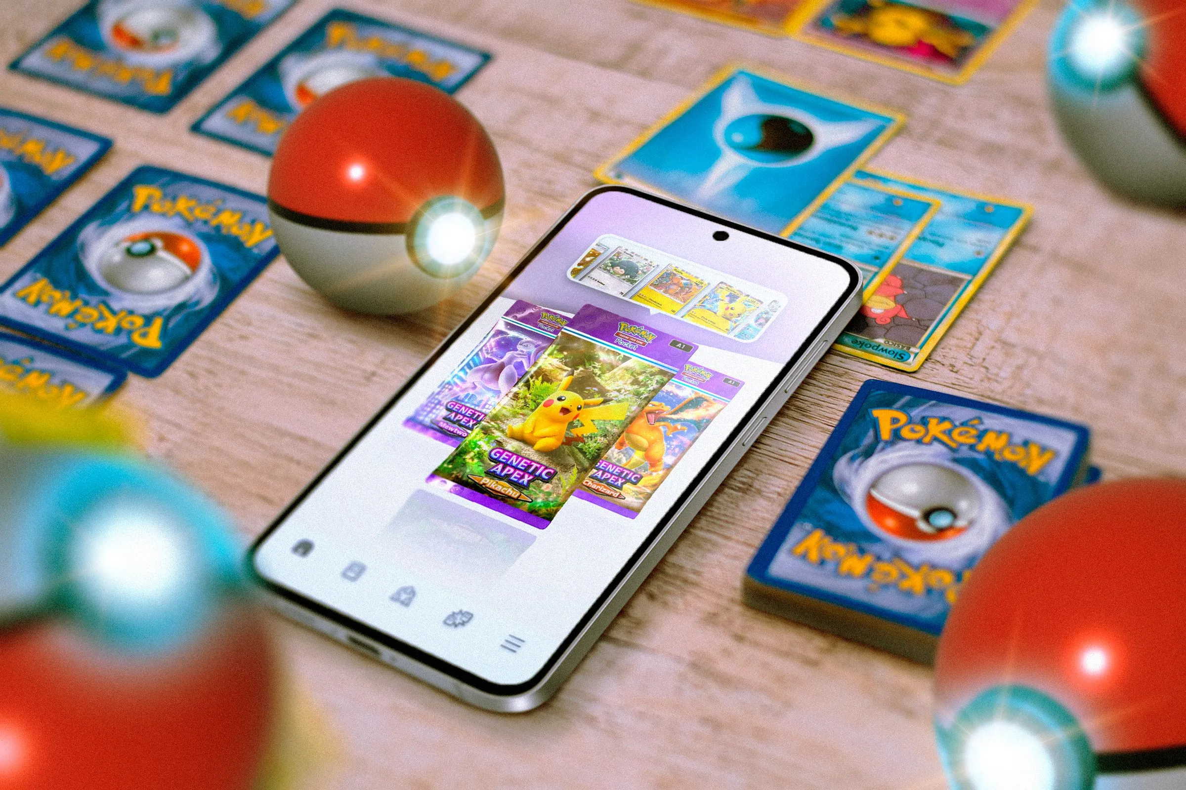 Điện thoại hiển thị game Pokémon TCG Pocket với các thẻ bài và Poké Ball, minh họa game thẻ bài di động phù hợp cho Nintendo Switch 2.