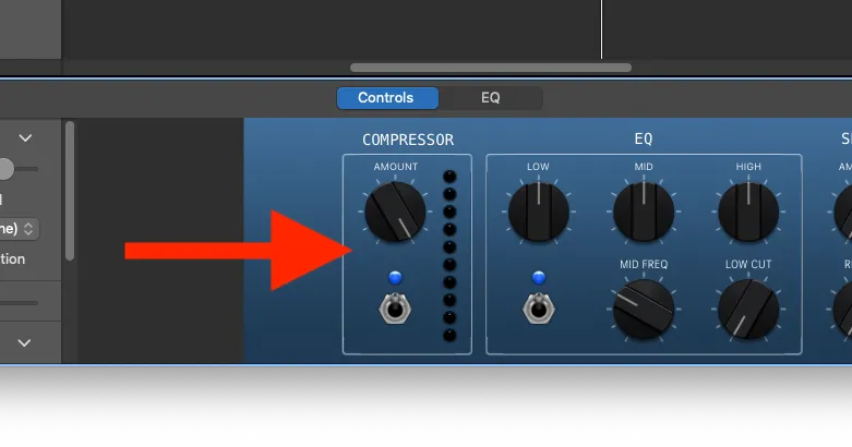 Điều khiển Compressor (Bộ nén) trong GarageBand, giúp cân bằng âm lượng và làm cho podcast nghe mượt mà hơn.