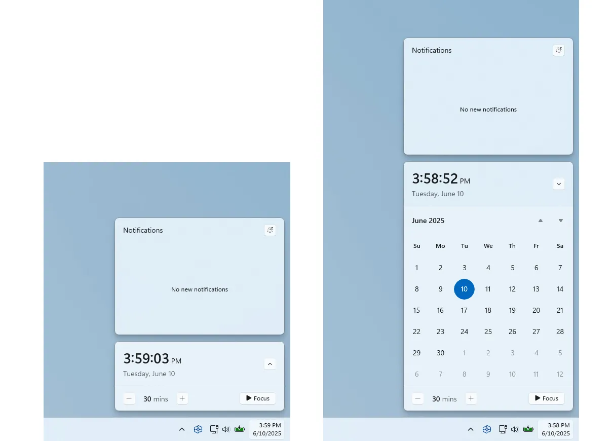 Đồng hồ hiển thị giây lớn trong trung tâm thông báo của Windows 11 Insider Preview Build.