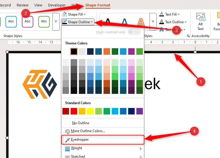 Đường viền slide trong PowerPoint được chọn, và công cụ Eyedropper được tô sáng trong menu thả xuống Shape Outline để chọn màu chính xác.