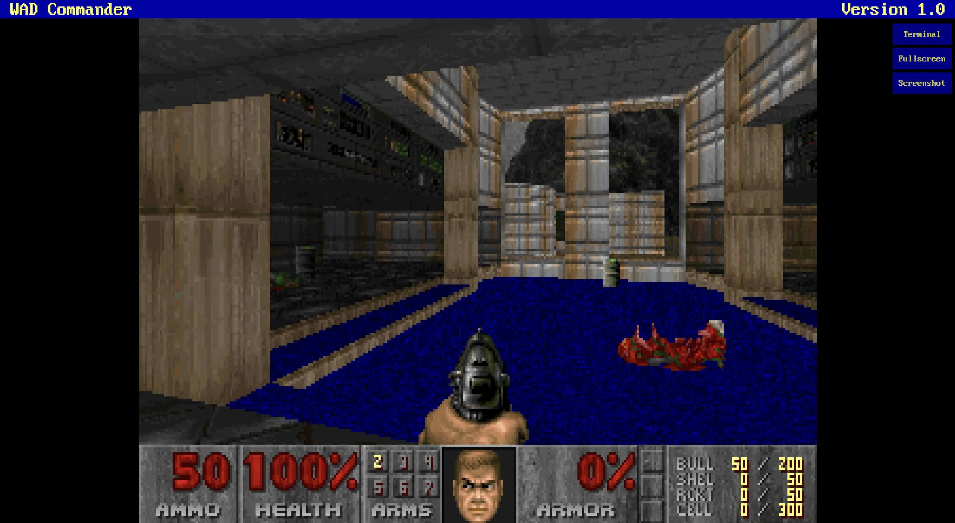 Gameplay Doom đang chạy trên công cụ trình duyệt WAD Commander, thể hiện cảnh bắn súng góc nhìn thứ nhất.