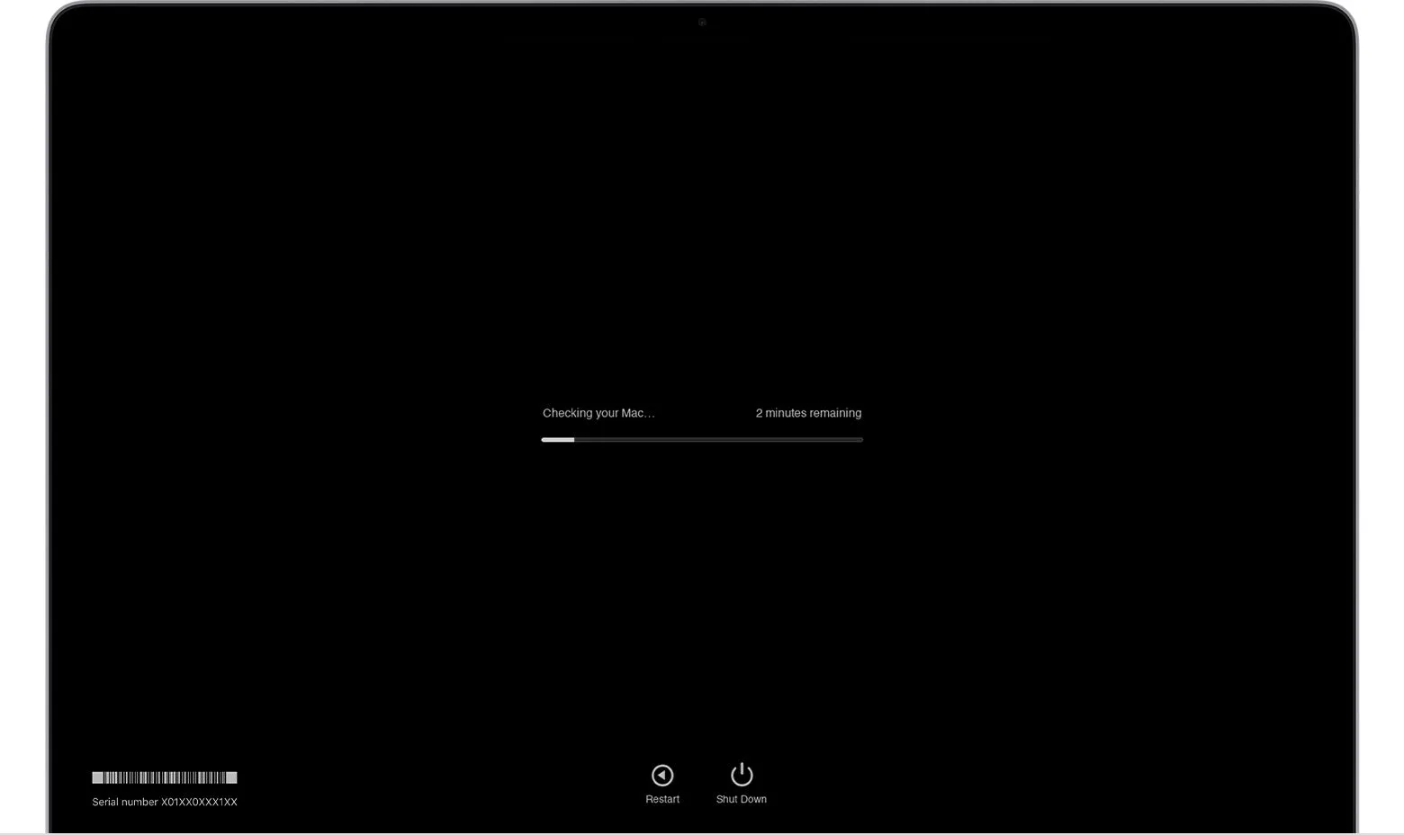 Giao diện Apple Diagnostics đang chạy trên macOS, giúp kiểm tra phần cứng MacBook trước khi thanh lý để đảm bảo tình trạng tốt.