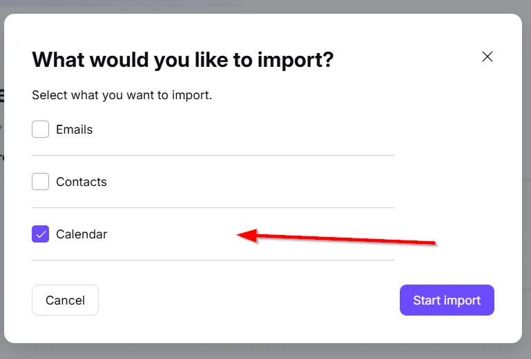 Giao diện bắt đầu nhập lịch vào Proton Calendar, đảm bảo chỉ chọn dữ liệu lịch