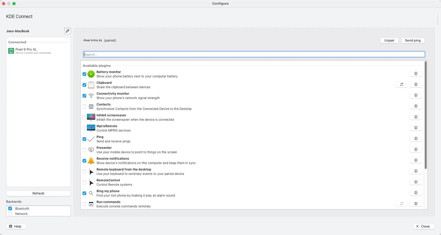 Giao diện cài đặt KDE Connect trên máy Mac, hiển thị danh sách các plugin có thể cấu hình để điều khiển và đồng bộ hóa với thiết bị Android đã kết nối