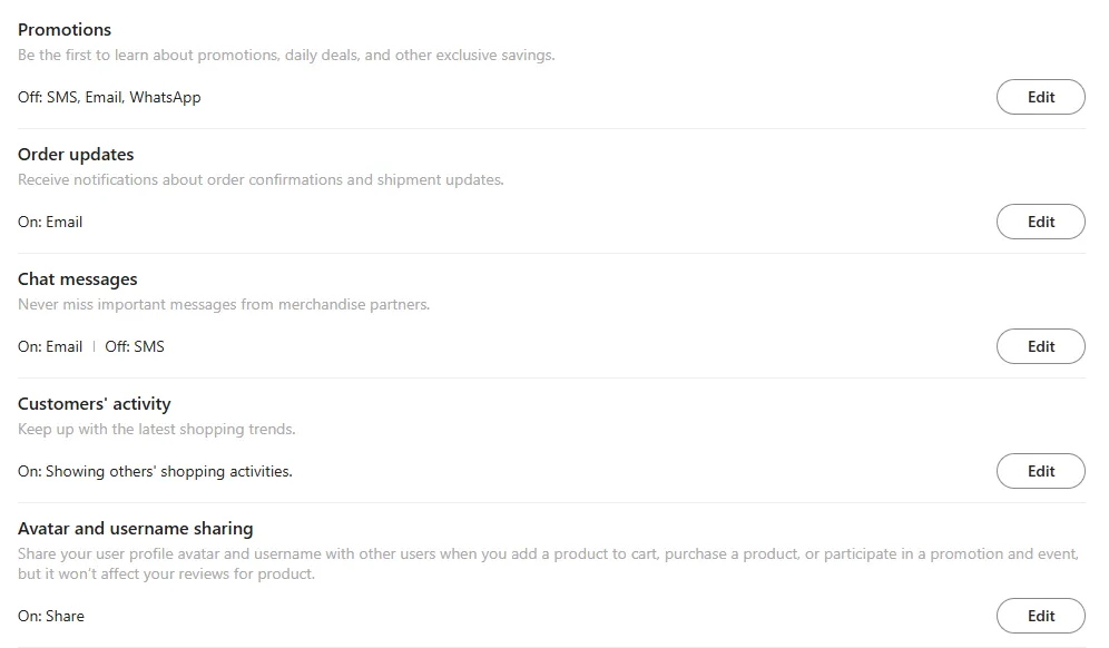 Giao diện cài đặt kiểm soát thông báo email trên website Temu, cho phép tùy chỉnh loại email nhận được