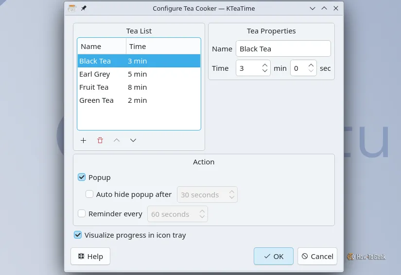 Giao diện cài đặt và tùy chỉnh KTeaTime cho các loại trà
