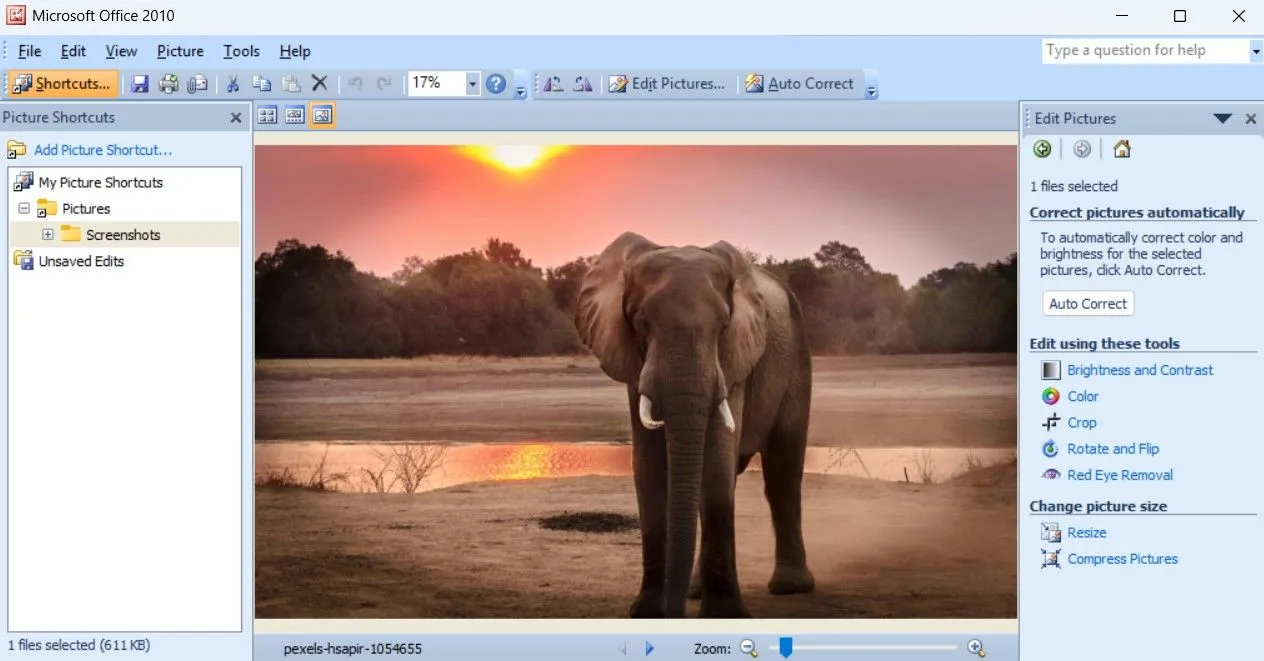 Giao diện chỉnh sửa ảnh với các tùy chọn cơ bản trong ứng dụng Microsoft Office Picture Manager.
