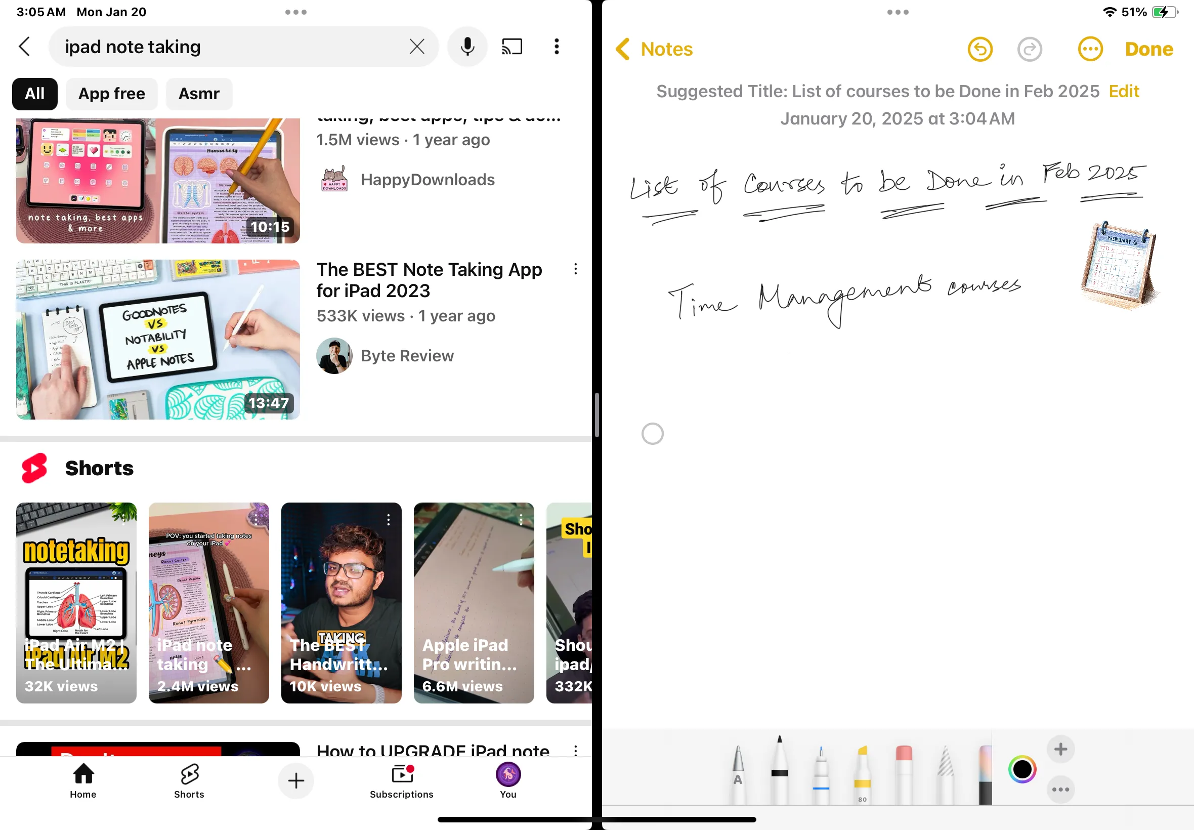 Giao diện đa nhiệm Split View trên iPad hiển thị YouTube và ứng dụng Ghi chú hoạt động song song.