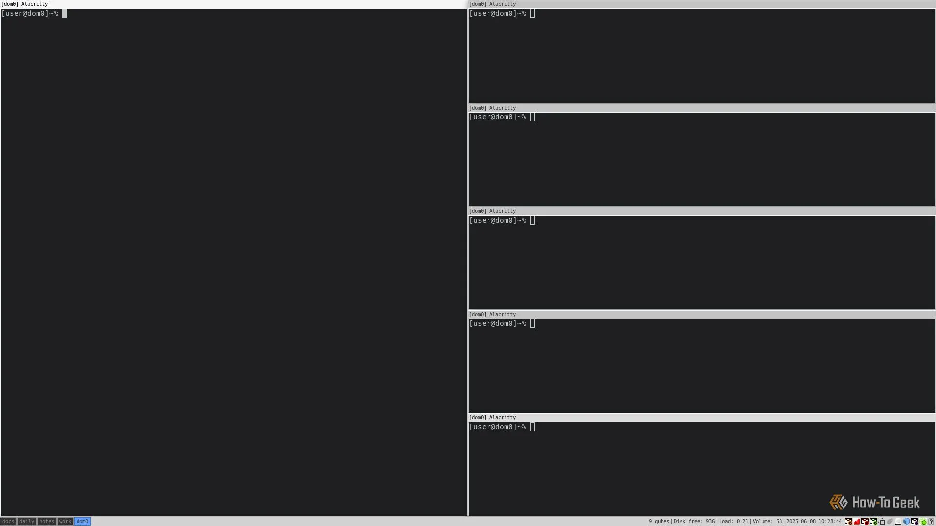 Giao diện desktop i3 với sáu cửa sổ được xếp chồng lên nhau: một cửa sổ lớn bên trái và năm cửa sổ nhỏ hơn được xếp chồng lên nhau ở bên phải, thể hiện hiệu quả sắp xếp bố cục cửa sổ của i3.