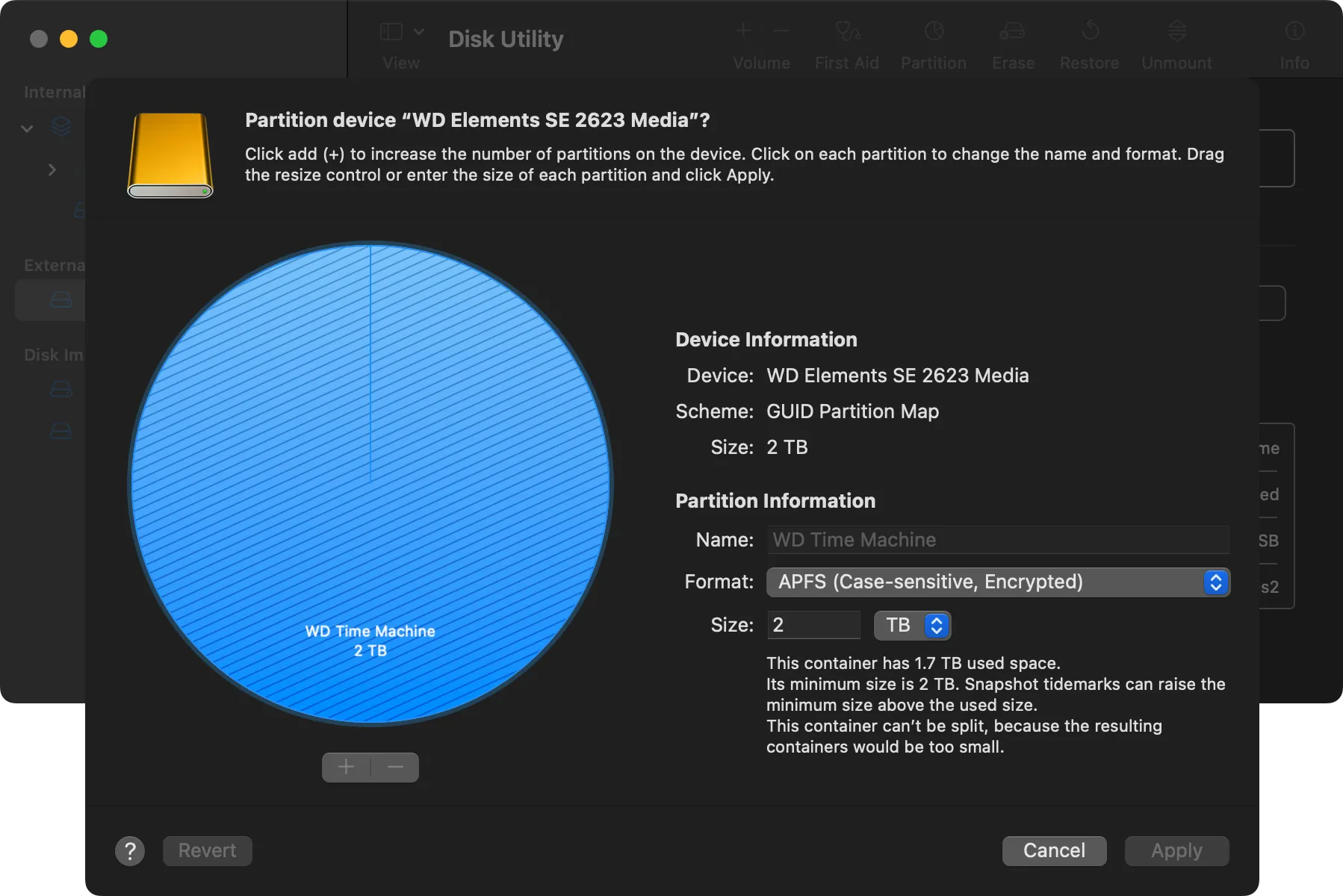 Giao diện Disk Utility trên macOS hiển thị quá trình phân vùng ổ đĩa gắn ngoài để sử dụng cho cả Time Machine và lưu trữ dữ liệu thông thường.