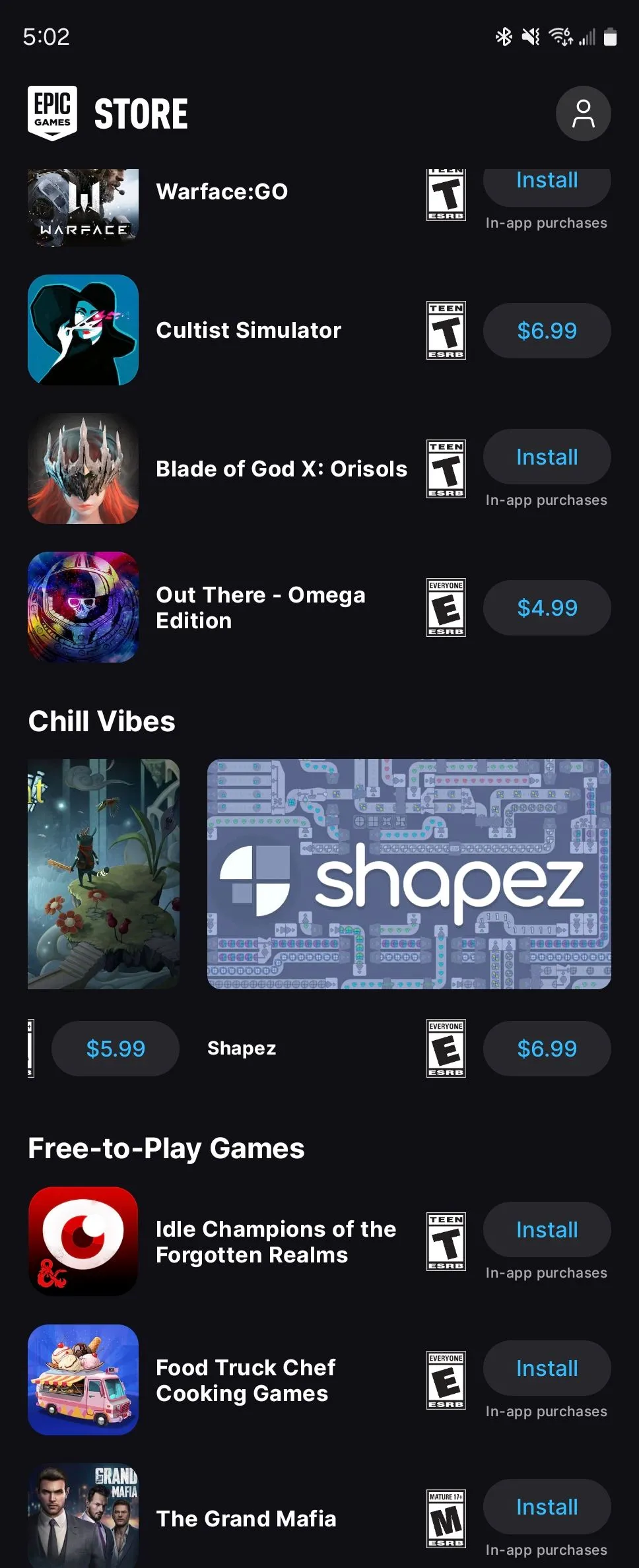 Giao diện Epic Games Store trên Android hiển thị danh sách các tựa game được tuyển chọn.