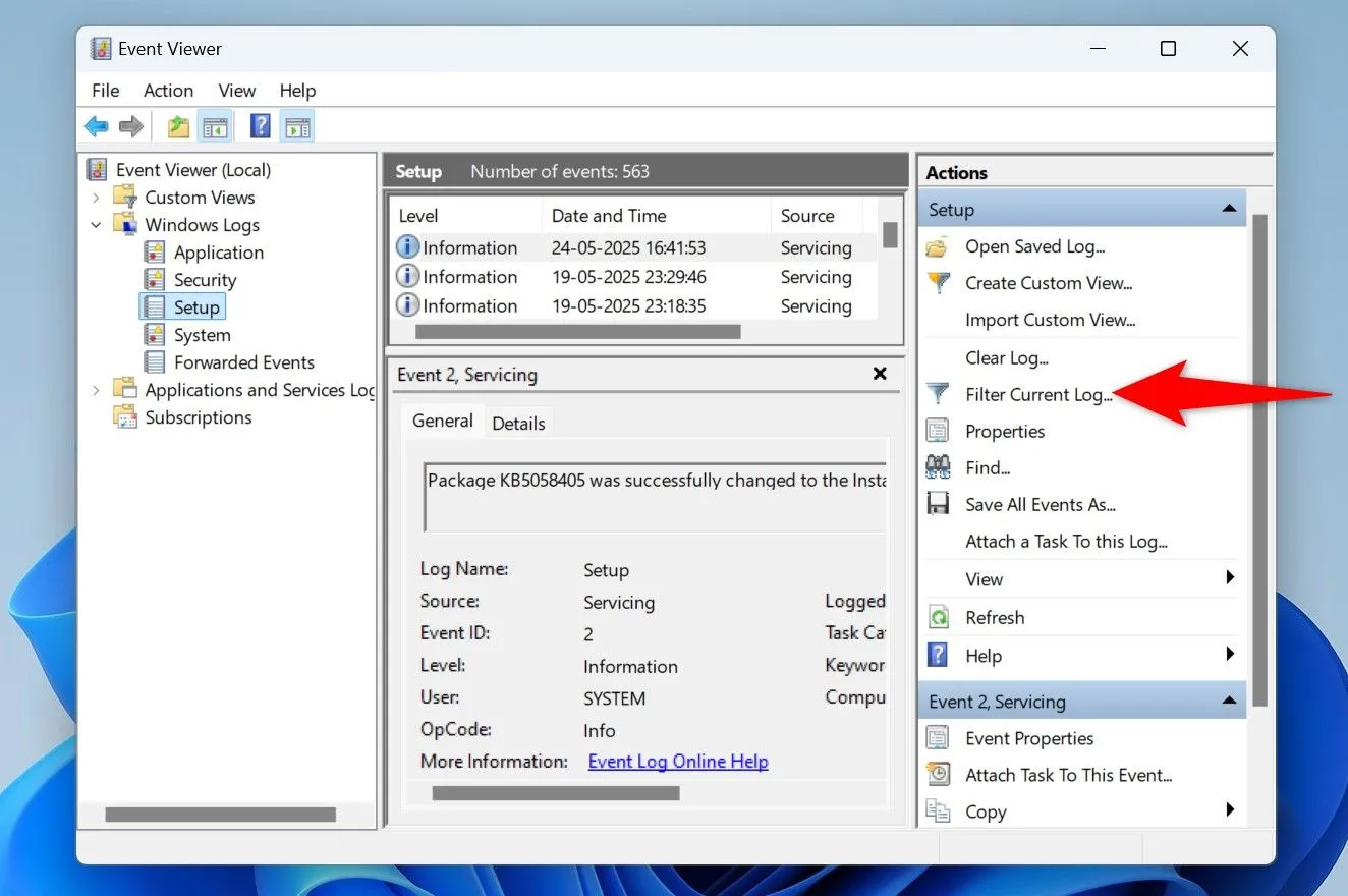 Giao diện Event Viewer trong Windows 11, đang chọn &quot;Filter Current Log&quot; để lọc các sự kiện khởi động lại