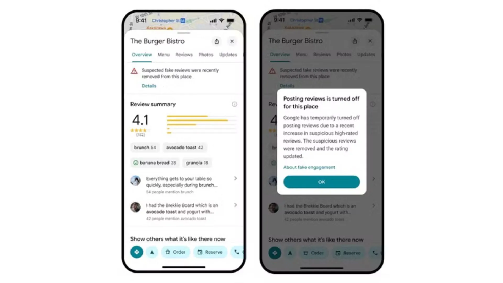 Giao diện Google Maps hiển thị thông báo tạm thời tắt tính năng đánh giá cho một địa điểm để ngăn chặn nội dung giả mạo