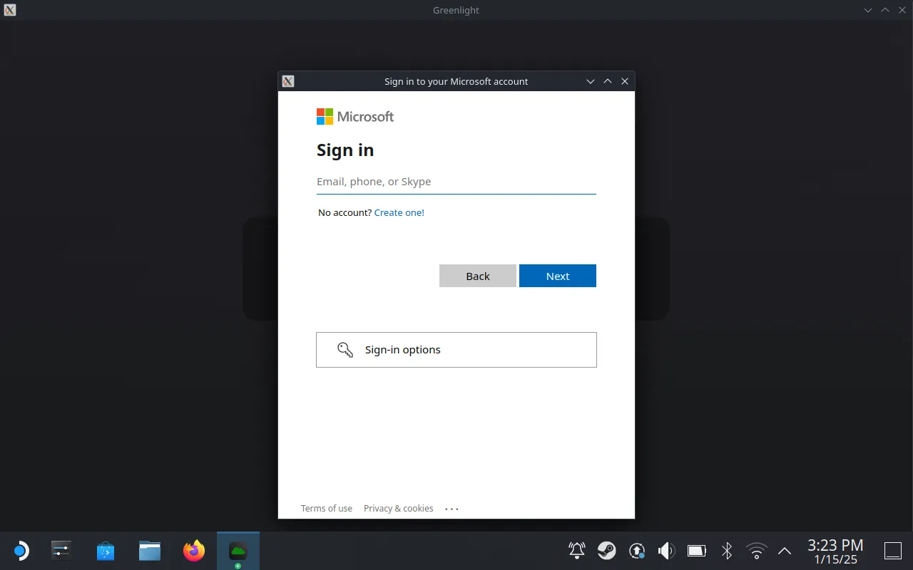 Giao diện Greenlight yêu cầu đăng nhập tài khoản Xbox để chơi game trên Steam Deck