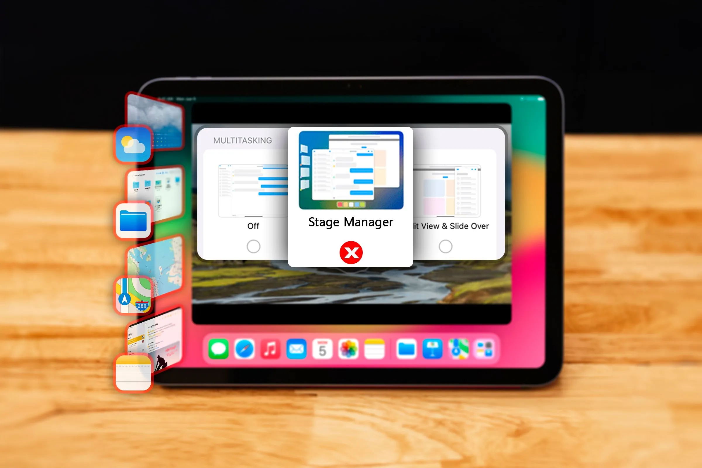 Giao diện iPad hiển thị cài đặt Stage Manager và các tùy chọn đa nhiệm cho người dùng.