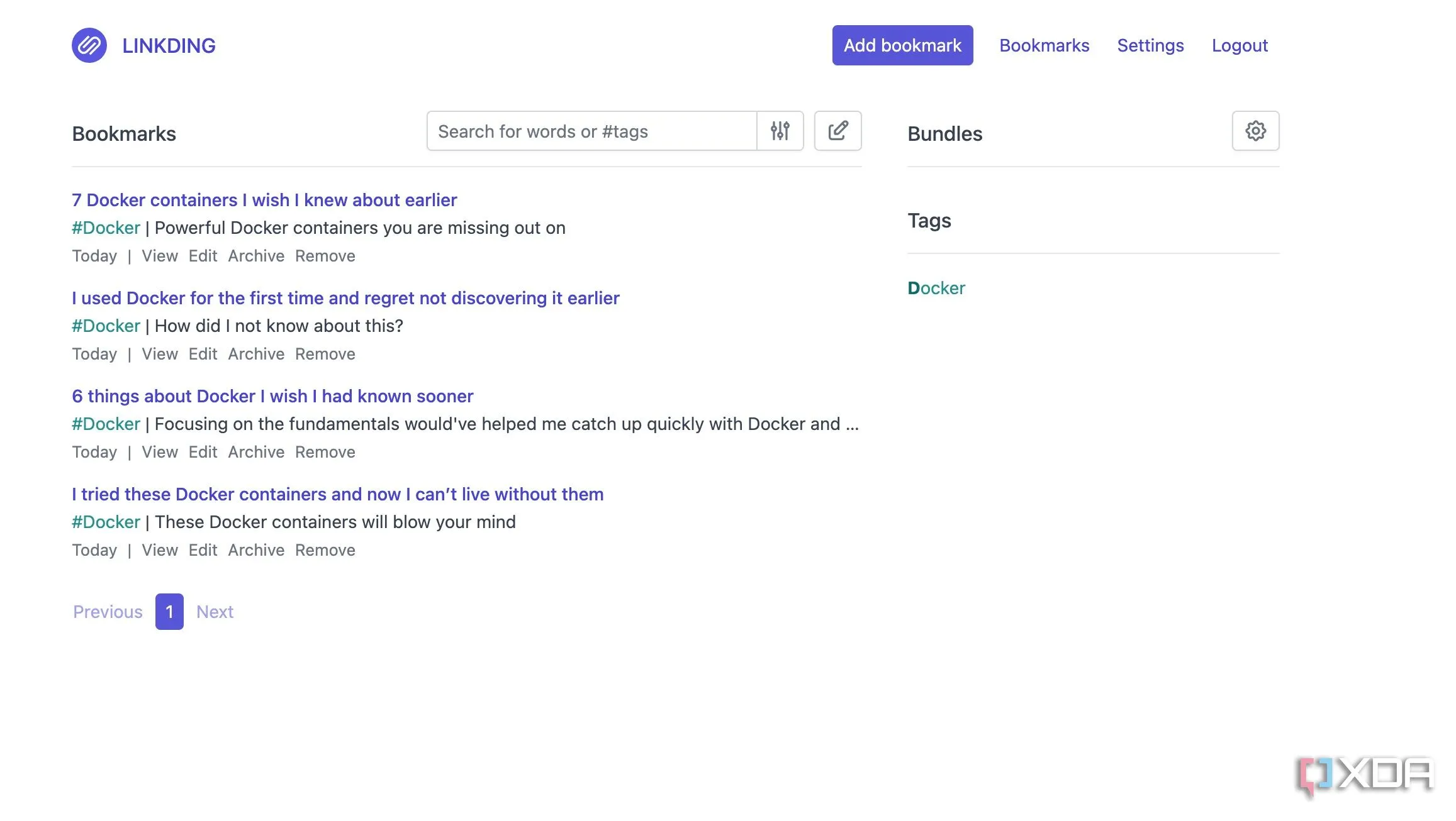 Giao diện Linkding đơn giản hiển thị các bookmark đã lưu và được gắn thẻ để dễ dàng quản lý