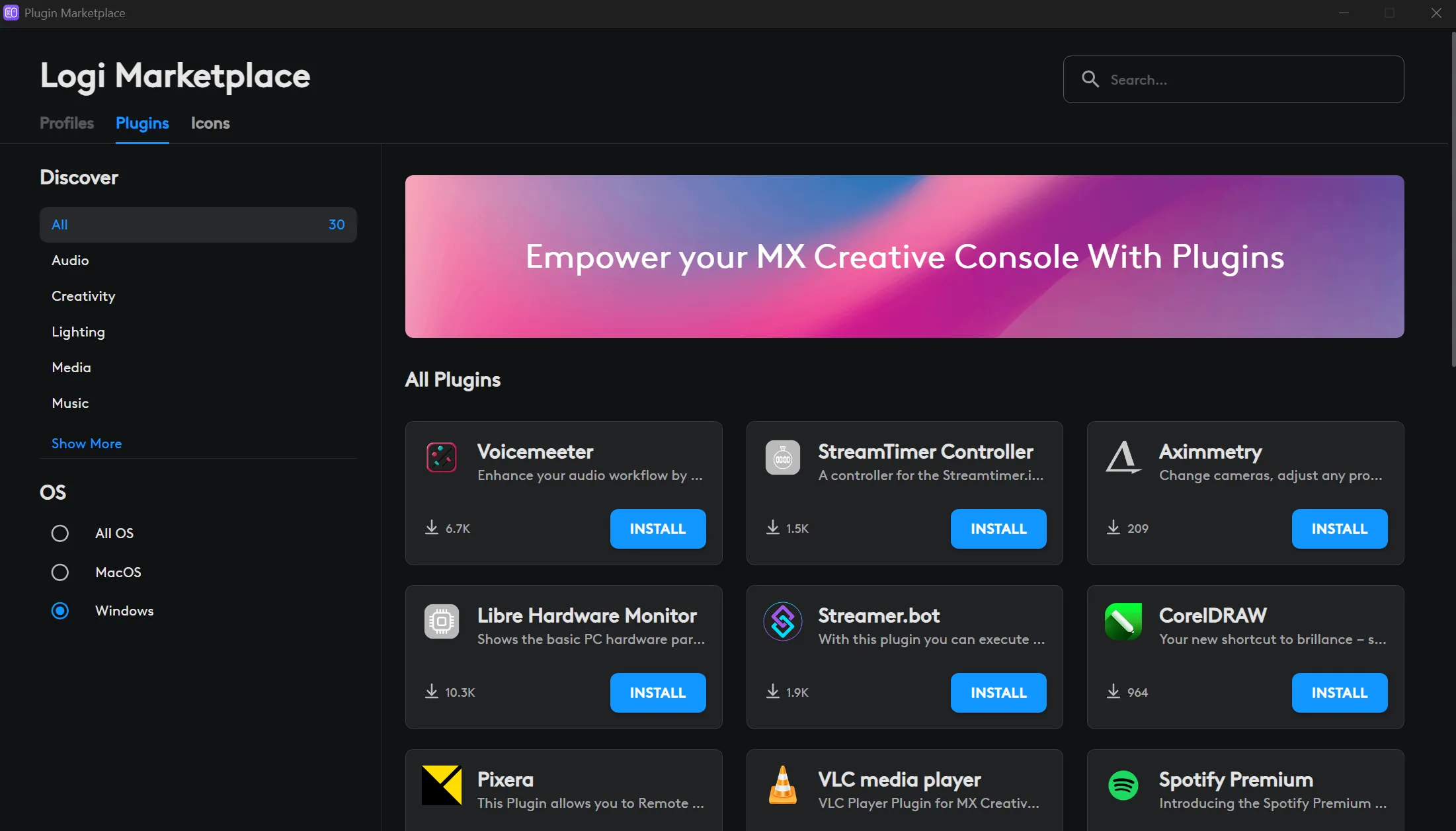 Giao diện Logi Options+ Marketplace với các plugin mở rộng