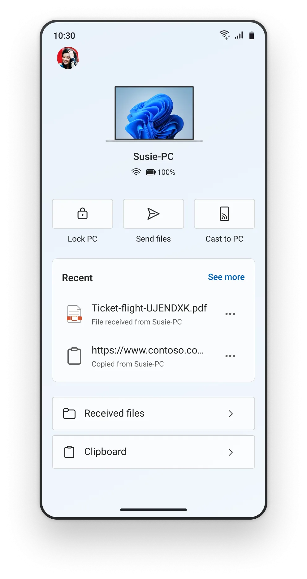 Giao diện mới của ứng dụng Link to Windows trên Android, hiển thị tùy chọn 'Access PC' và các tính năng điều khiển máy tính