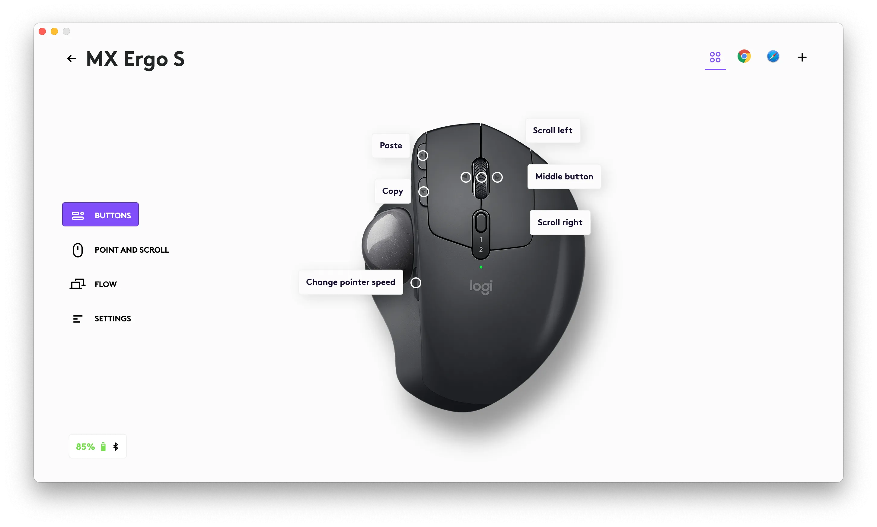 Giao diện phần mềm Logi Options hiển thị bố cục nút và mức pin của chuột MX Ergo S