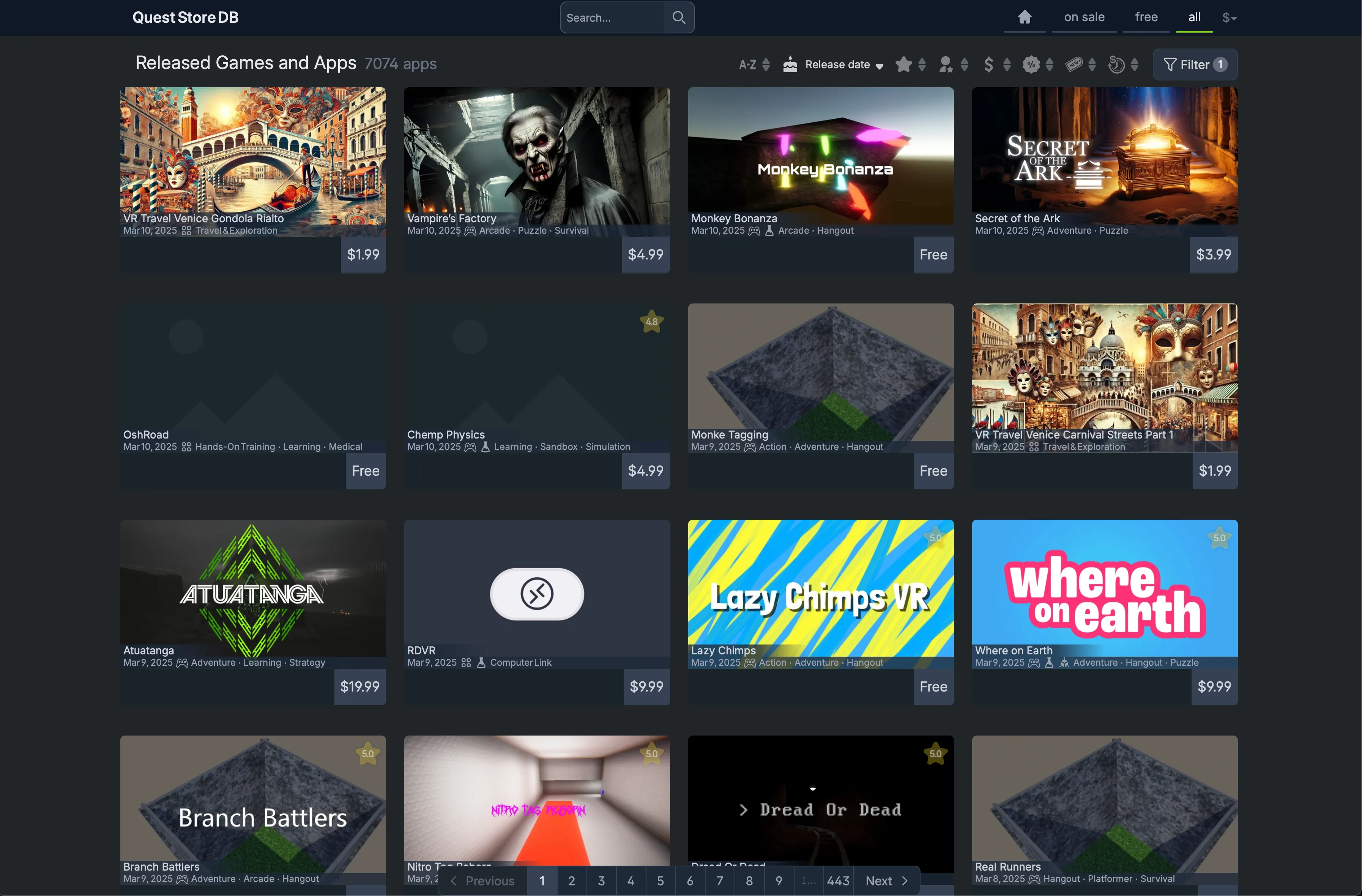 Giao diện Quest Store DB hiển thị danh sách các game &quot;shovelware&quot; (game rác) trên Meta Quest, với nhiều tiêu đề lặp lại.