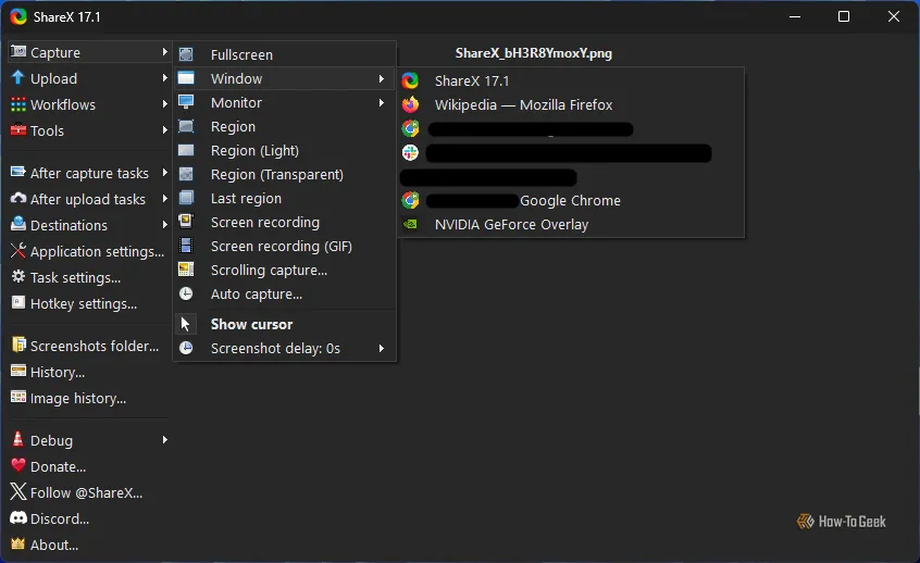 Giao diện ShareX cho phép dễ dàng chụp nhanh cửa sổ đang hoạt động