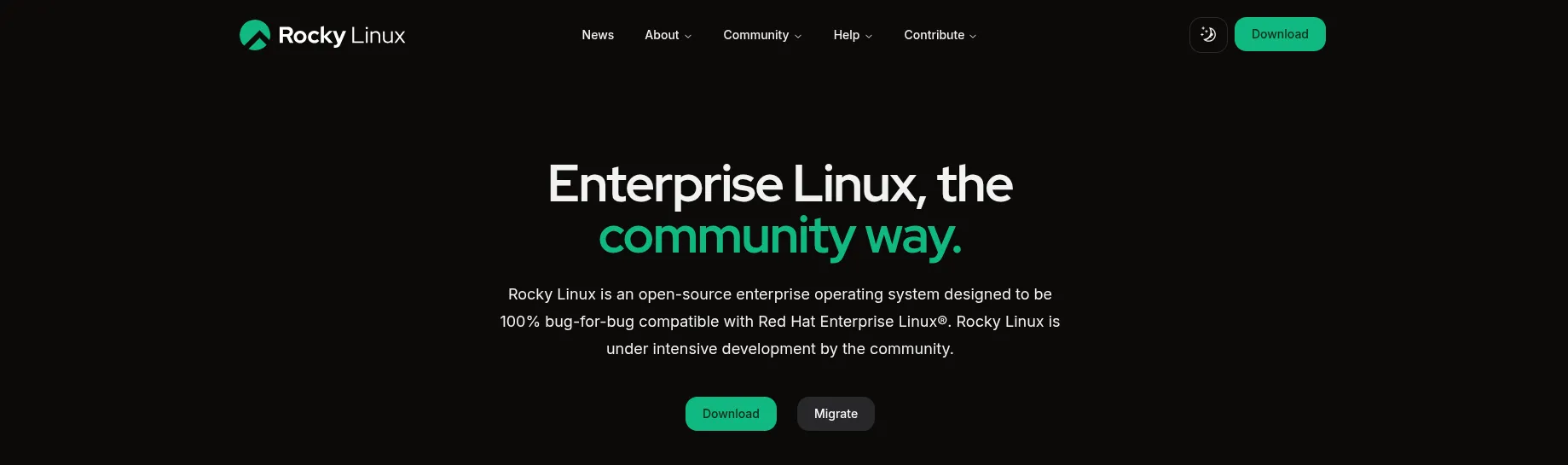 Giao diện trang chủ website Rocky Linux, thể hiện cam kết cung cấp hệ điều hành server ổn định