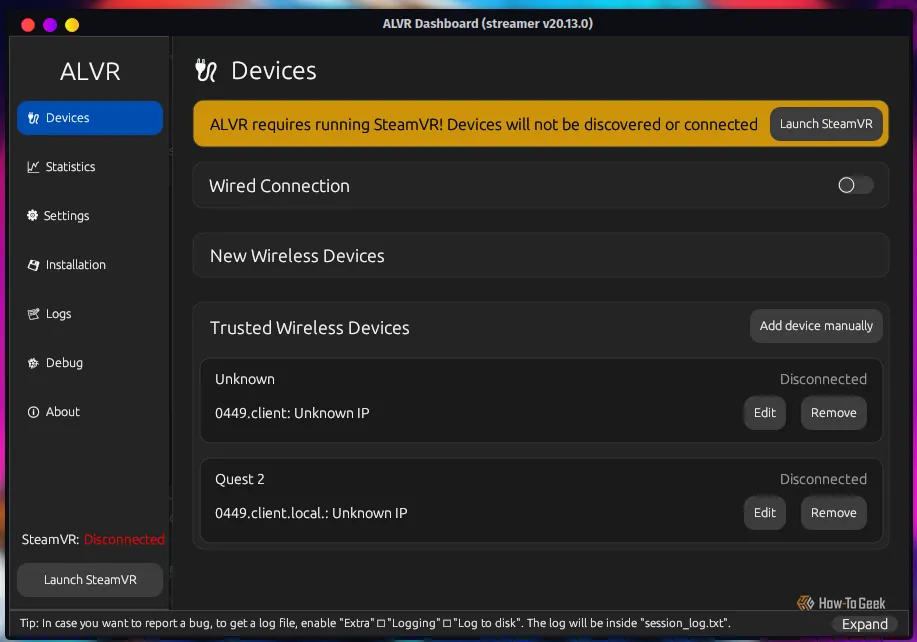 Giao diện ứng dụng ALVR trên hệ điều hành Linux