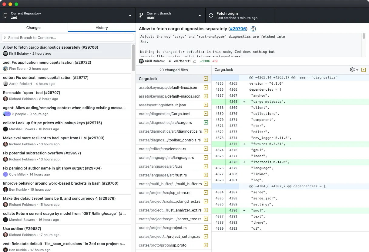 Giao diện ứng dụng GitHub Desktop hiển thị lịch sử các commit và chi tiết thay đổi trong một dự án Git.