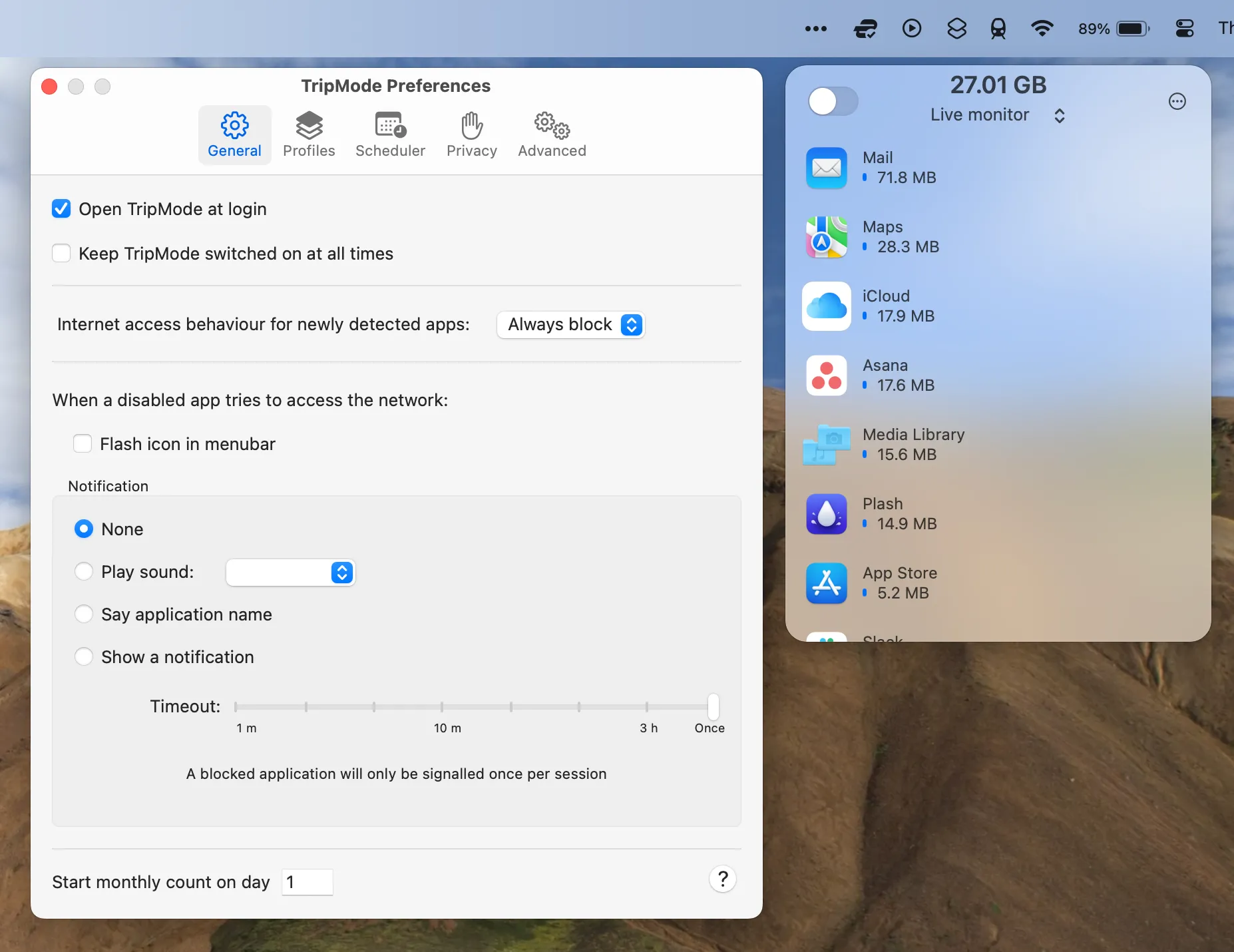 Giao diện ứng dụng lọc dữ liệu TripMode đang hoạt động trên macOS khi sử dụng personal hotspot
