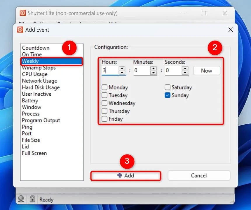 Giao diện ứng dụng Shutter, đang thiết lập sự kiện Weekly (Hàng tuần) để lên lịch khởi động lại máy tính