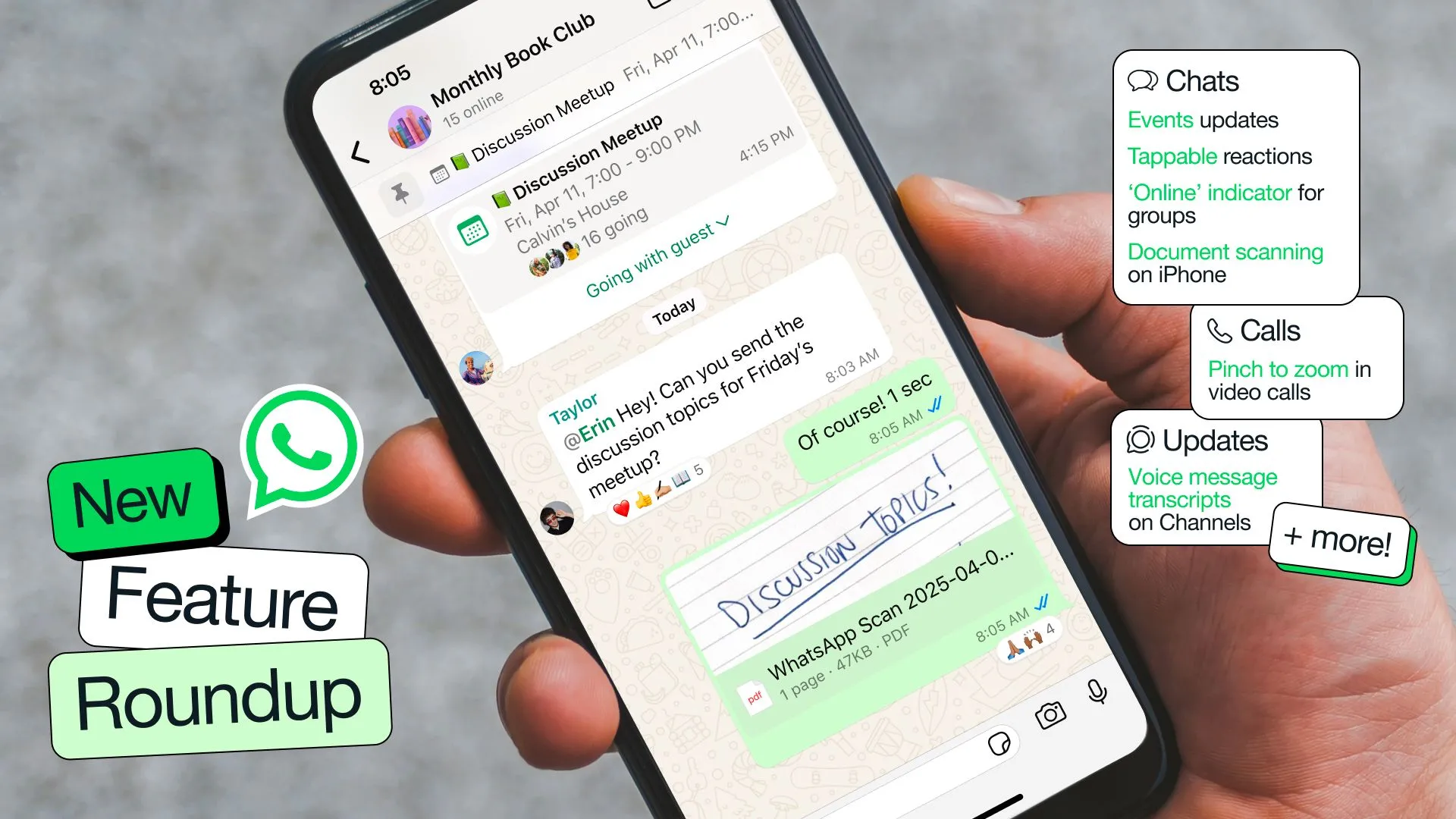 Giao diện ứng dụng WhatsApp hiển thị các tính năng trò chuyện nhóm và kênh mới được cập nhật