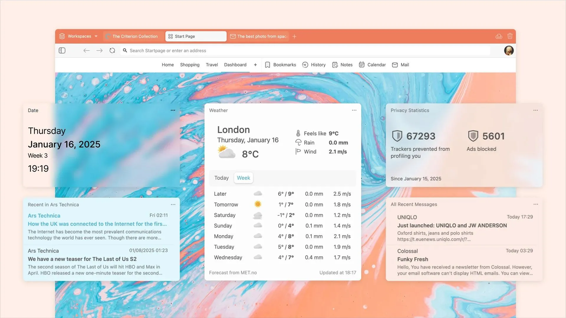 Giao diện Vivaldi 7.1 với Widget Thời tiết trên Dashboard