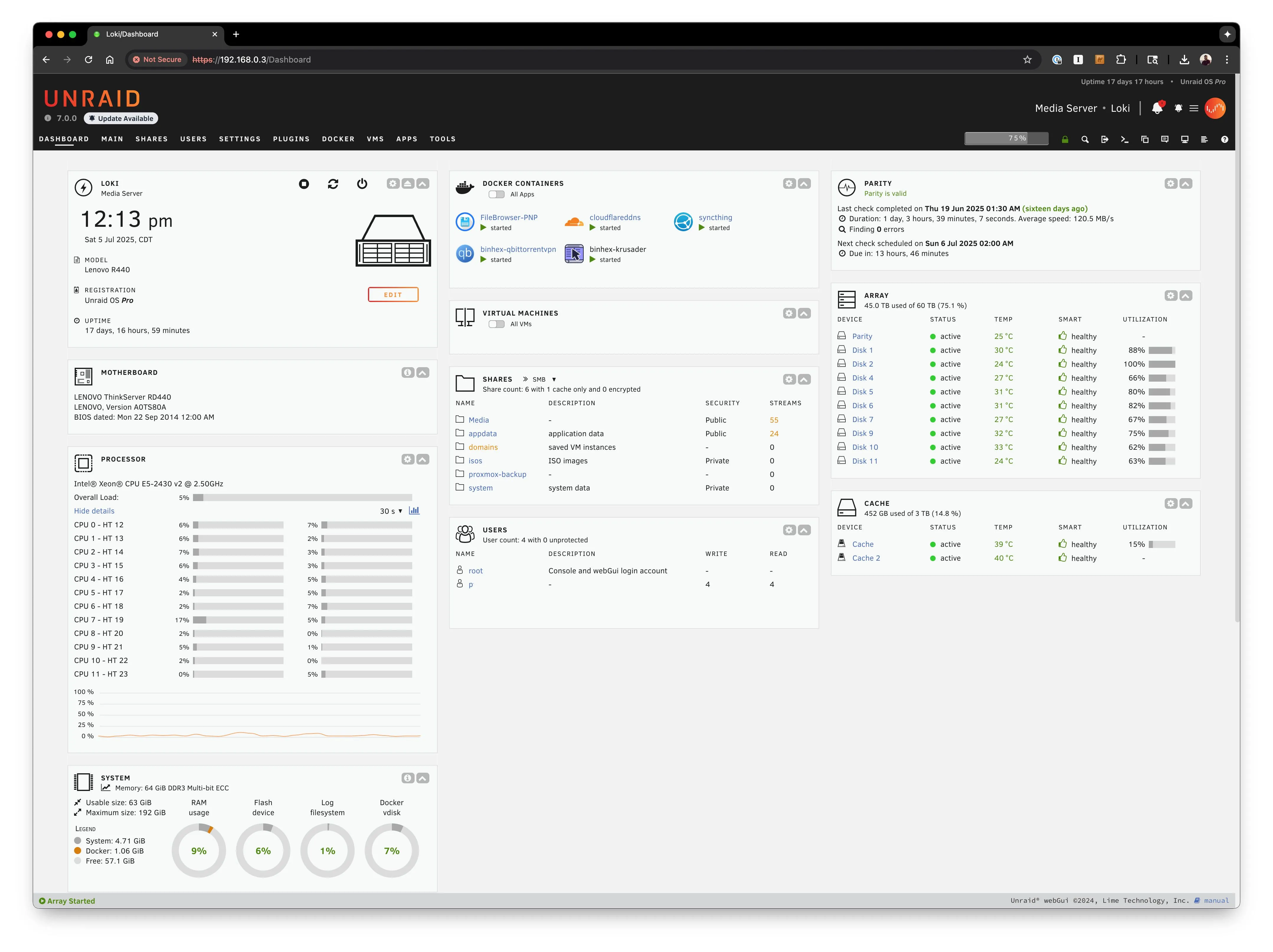 Giao diện web trực quan của Unraid, minh họa sự dễ dàng trong quản lý hệ thống lưu trữ và ứng dụng