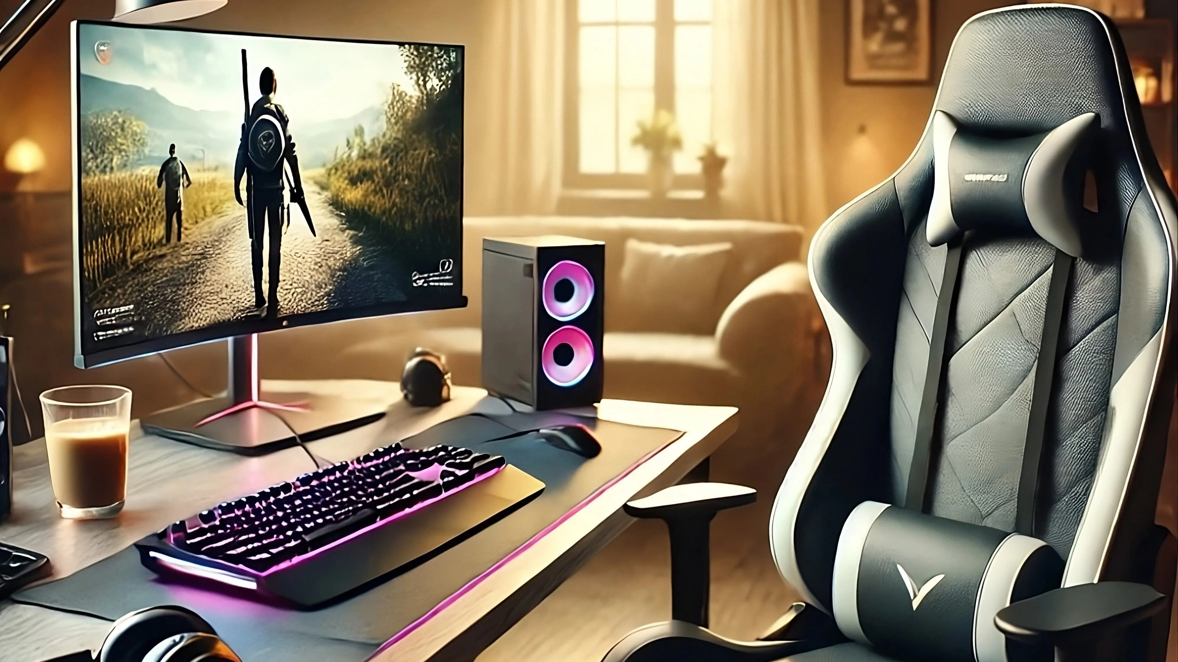 Góc làm việc gaming với PC, ghế và cốc cà phê trên bàn