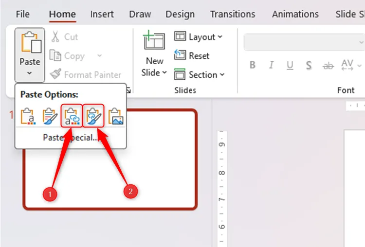 Hai biểu tượng trong menu Paste thả xuống của PowerPoint dùng để tạo liên kết giữa mục dán và nguồn Excel, đảm bảo cập nhật dữ liệu tự động.