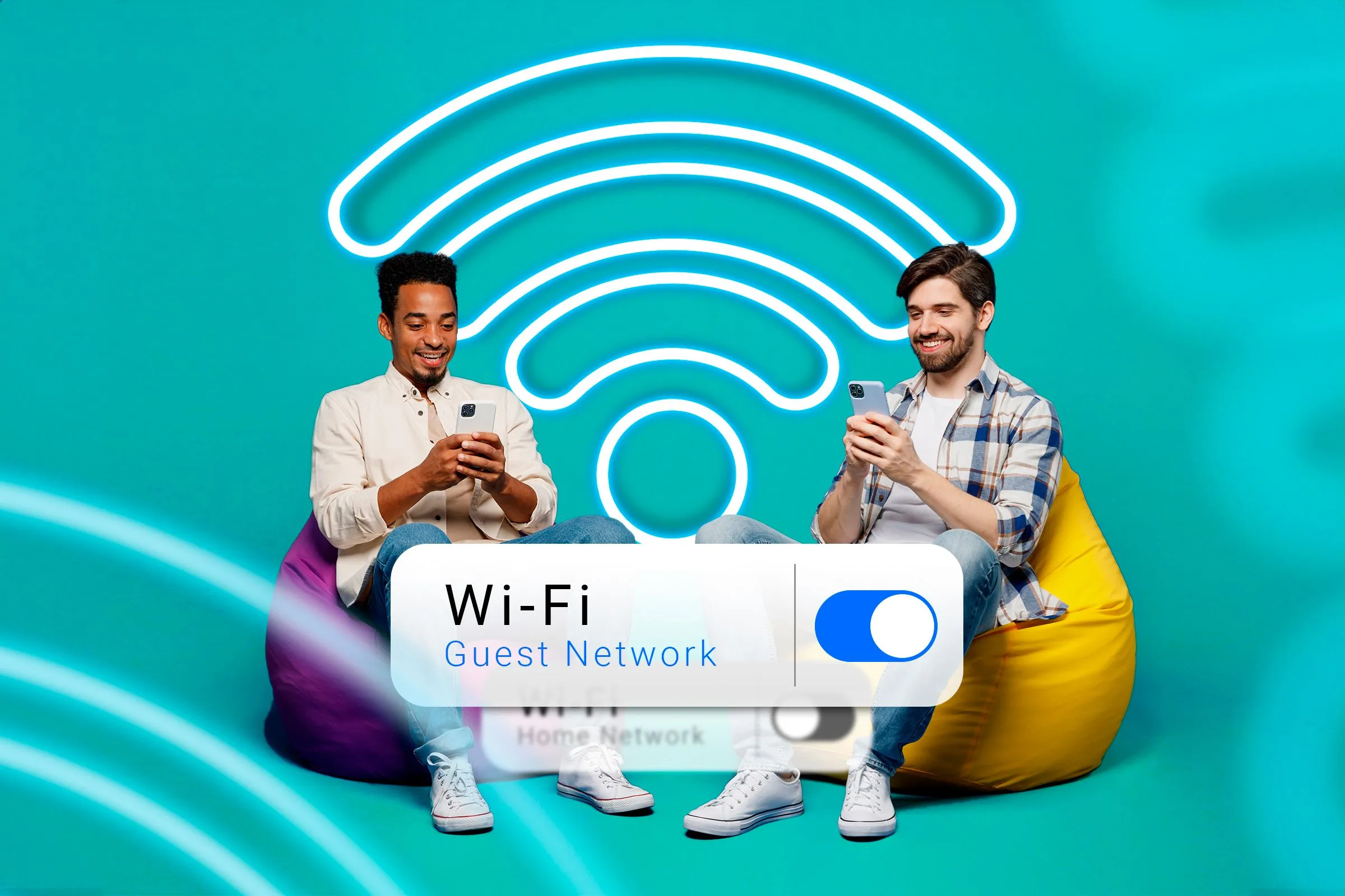 Hai người đàn ông sử dụng điện thoại trên ghế lười, biểu tượng Wi-Fi và dòng chữ 'Guest Wi-Fi Connected' trong nền