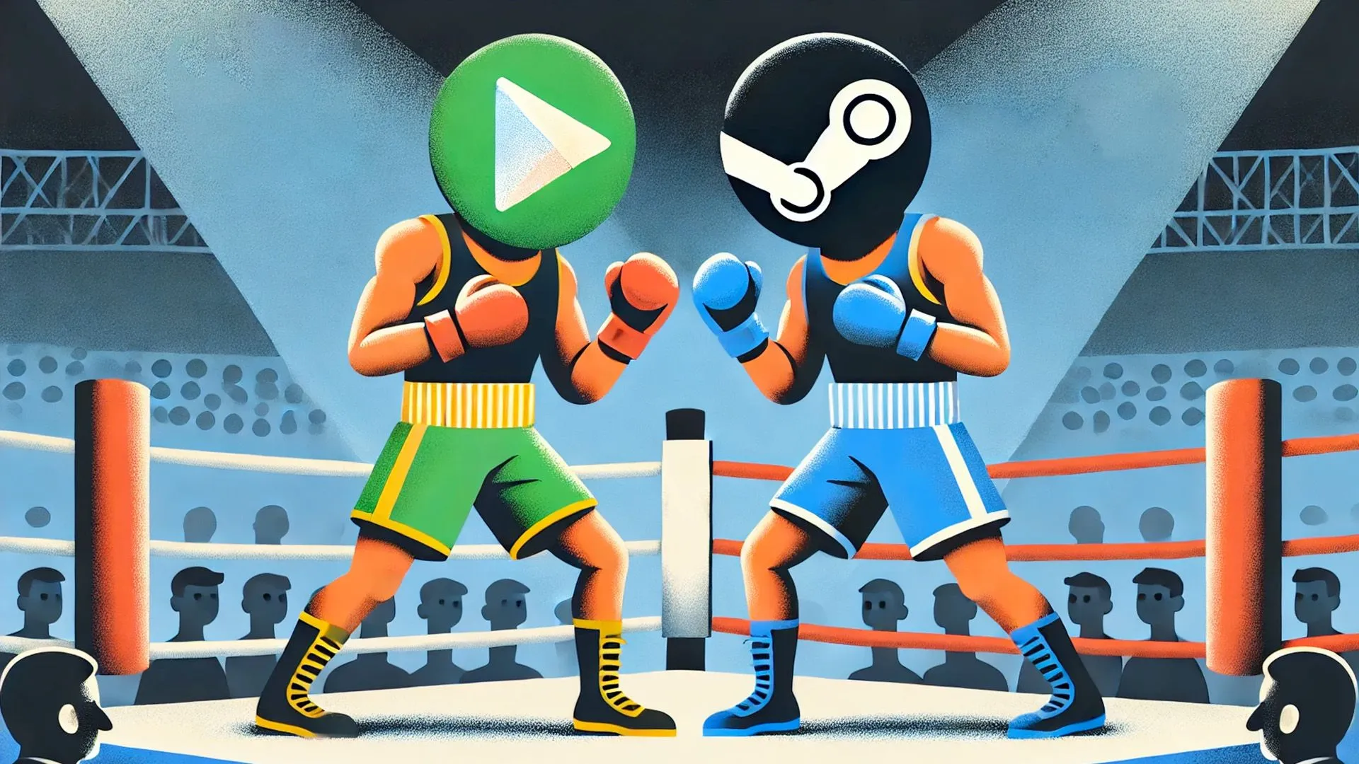Hai võ sĩ quyền Anh với đầu là logo Google Play và Steam đang đối đầu trên võ đài