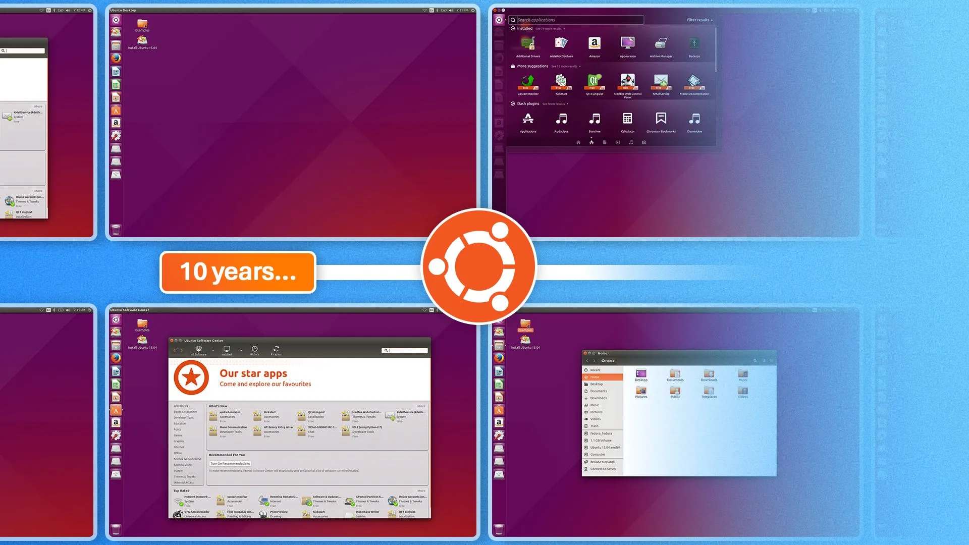 Hình ảnh các phiên bản Ubuntu Linux đã lỗi thời, minh họa sự phát triển và thay đổi giao diện theo thời gian.