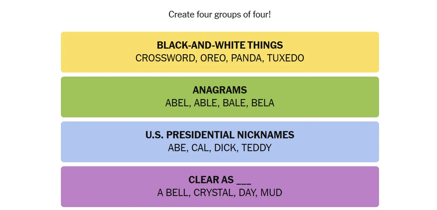 Hình ảnh đáp án game Connections của New York Times ngày 26 tháng 3, hiển thị các từ đã được sắp xếp vào 4 nhóm màu: Vàng (Black-And-White Things), Xanh lá (Anagrams), Xanh dương (U.S. Presidential Nicknames), và Tím (Clear As ____).